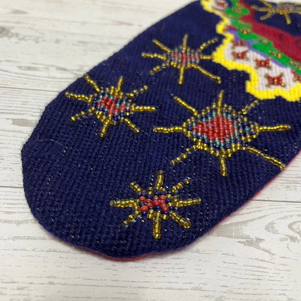 Handmade Needlepoint Angel‎ Christmas Stocking Beaded Stars Red Velvet